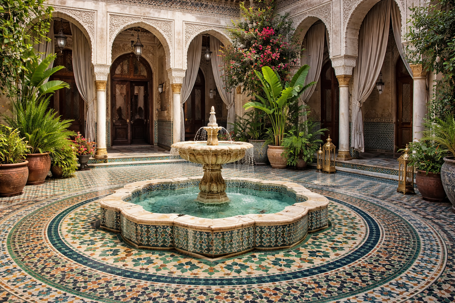 Cortile di un riad con fontana e piastrelle.