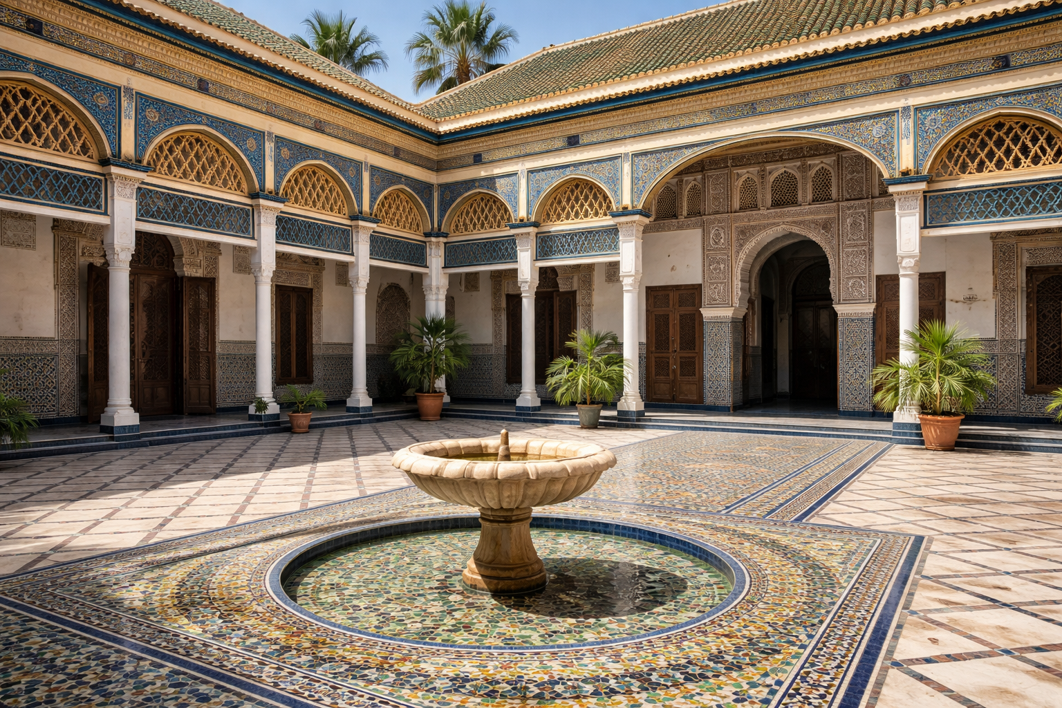 Dettagli del cortile del Palazzo Bahia con mosaico e archi.