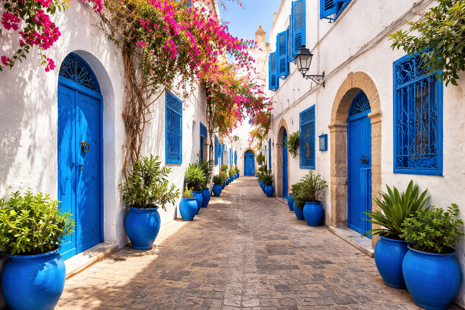 Medinasteeg met witte muren en blauwe luiken in Essaouira