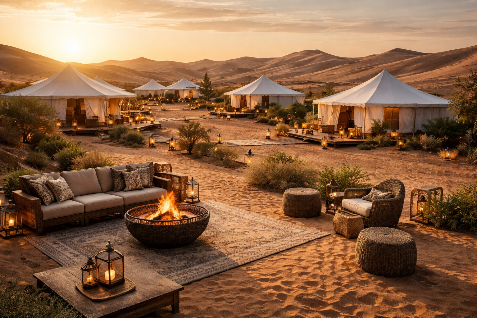 Esterno di un campo tendato di lusso nel deserto