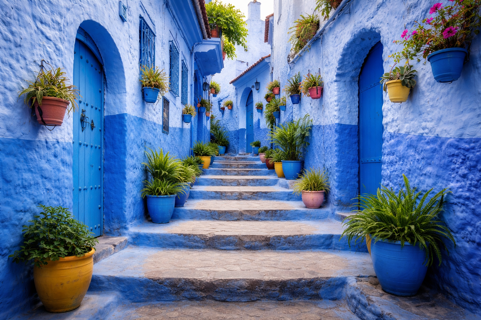 Blaue Medina-Seitenstraße mit Treppen