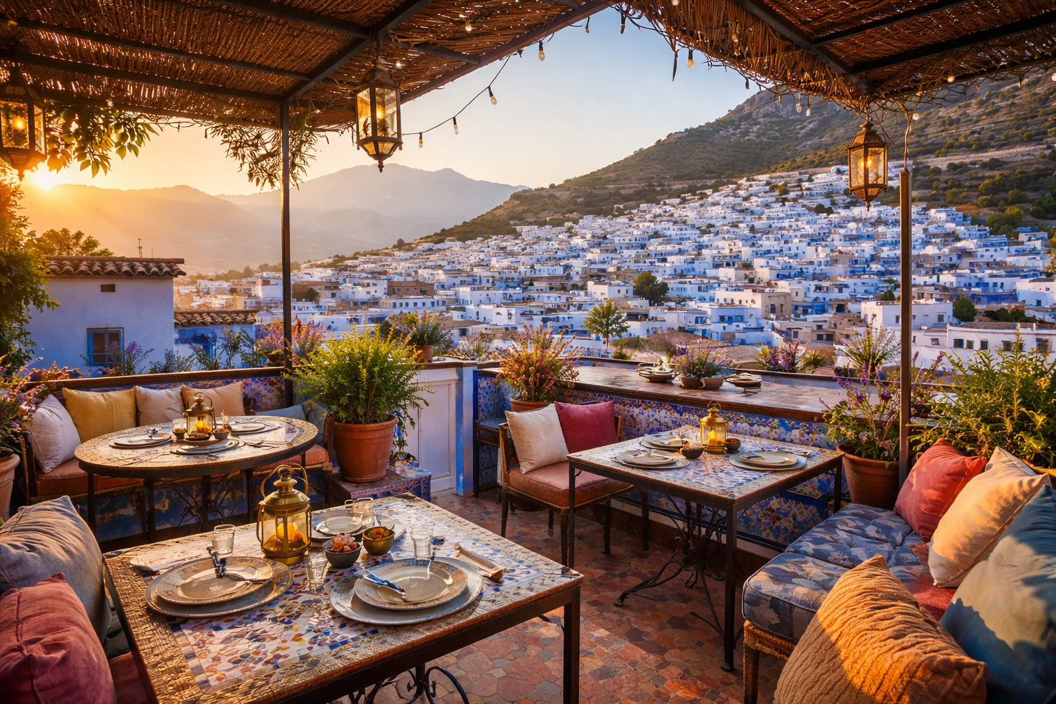 Dachterrassen-Restaurantszene in Chefchaouen