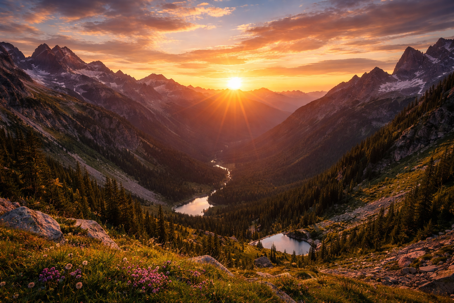 Vaste paysage de montagne au coucher du soleil