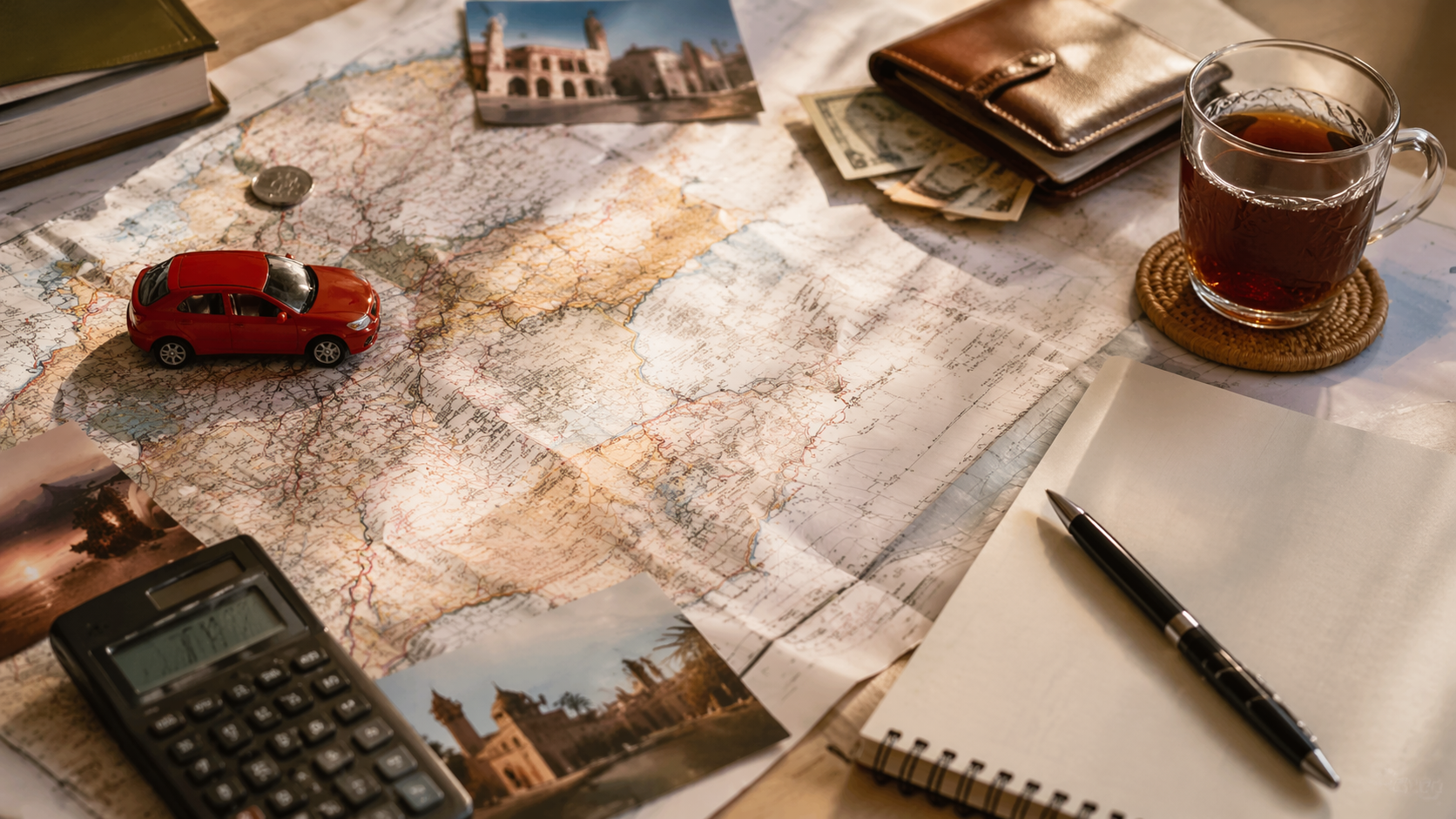 Cena de secretária de viagem com planeamento de orçamento