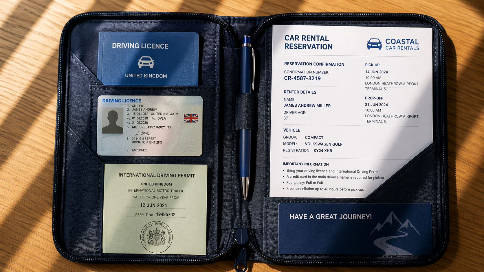 Travel folder with car rental papers
