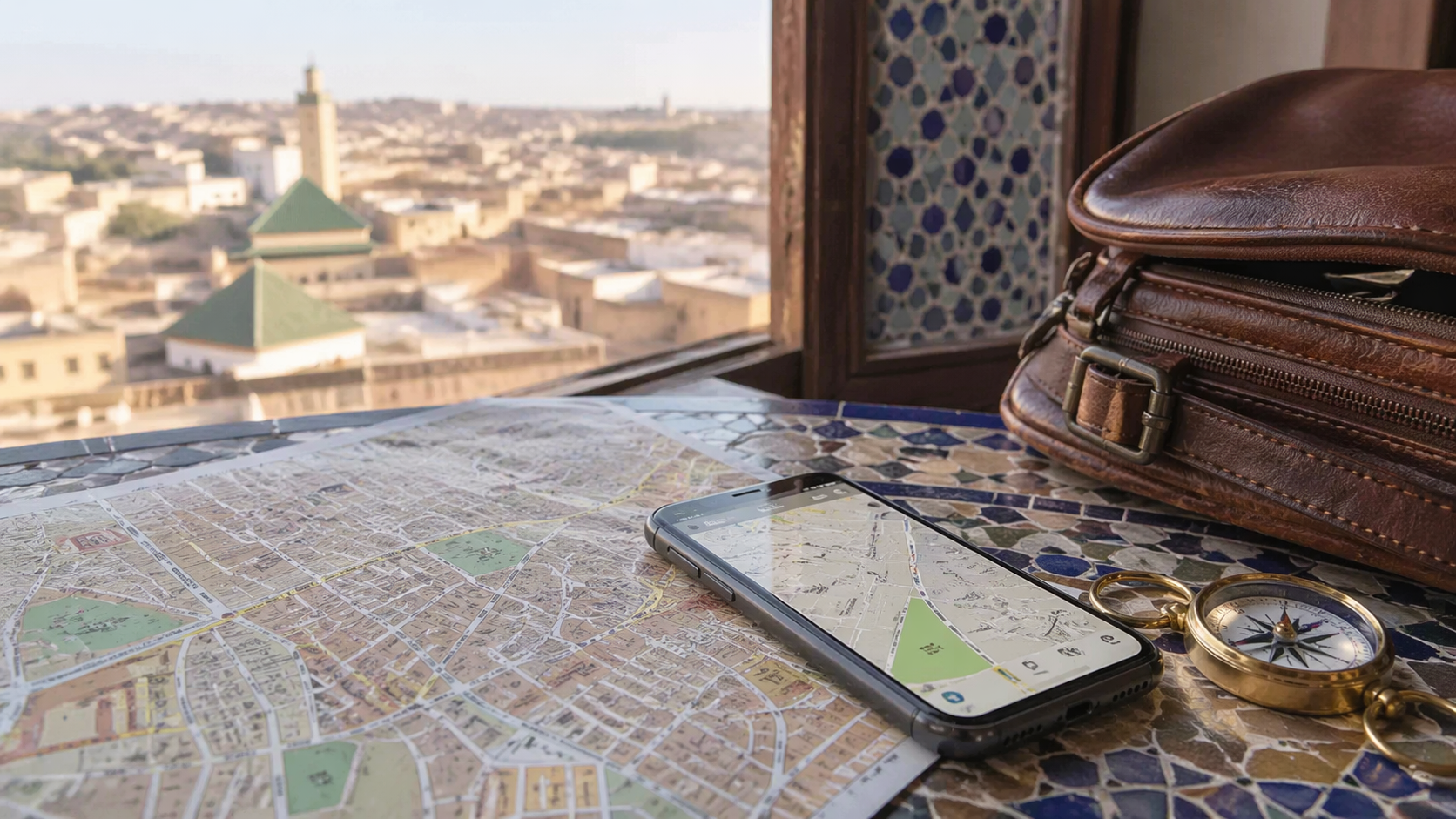 Kaart- en telefoonnavigatie-instelling voor reizen in de medina